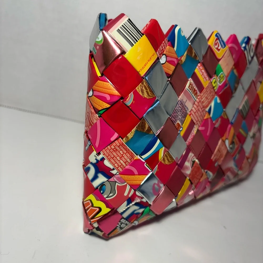 Nahui Ollin Bag Wristlet Recycled Candy Gum Wrapper Woven Multicolored Purse 7”
